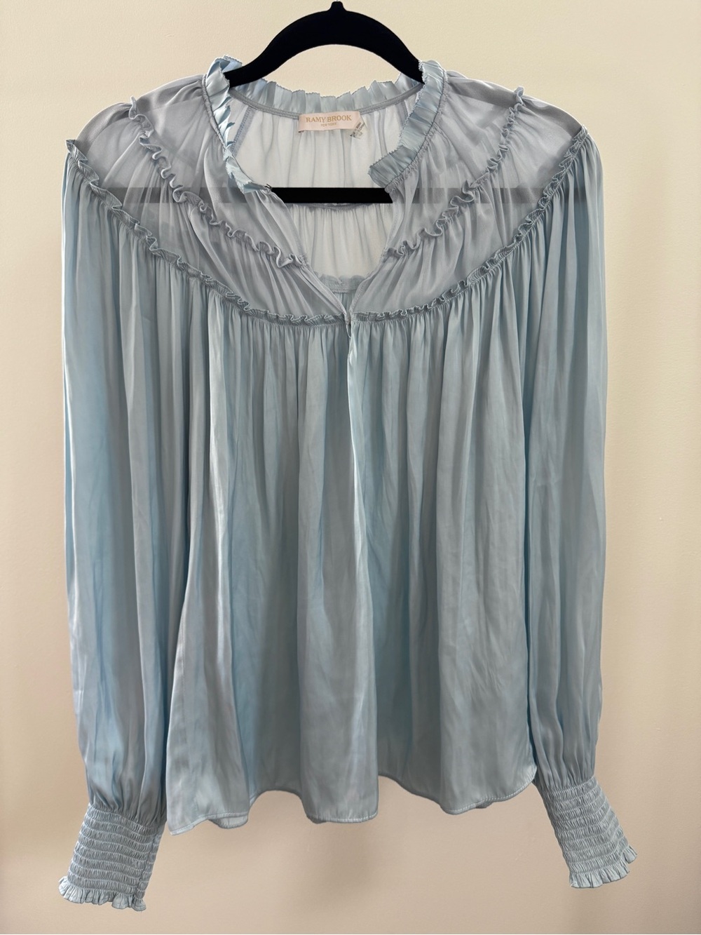 Ramy‎ Brook Metallic Sky Blue Ruffle Blouse | Size Small